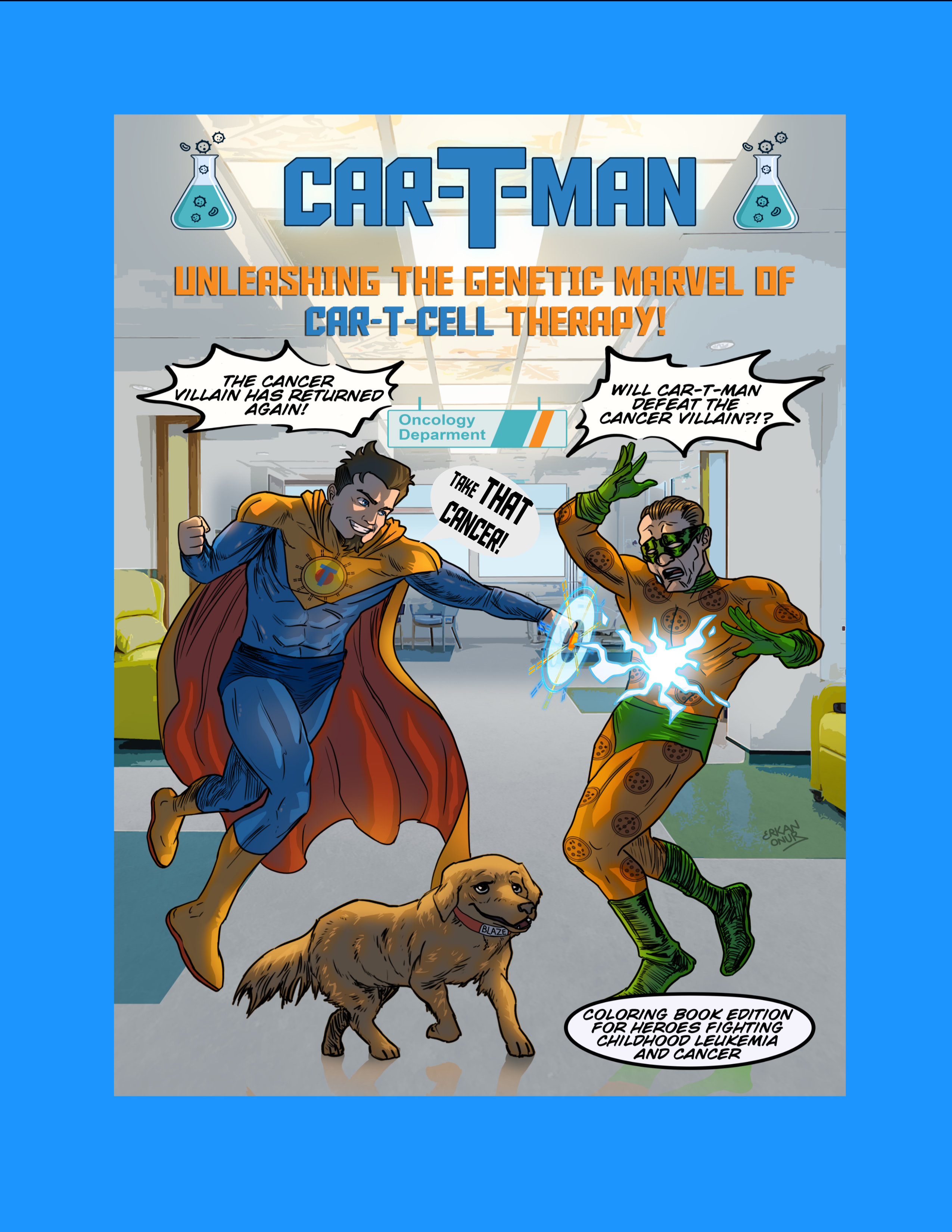 Bright blue CAR-T-Man superhero with orange cape hitting cancer villain with lightning bolt to kill him!