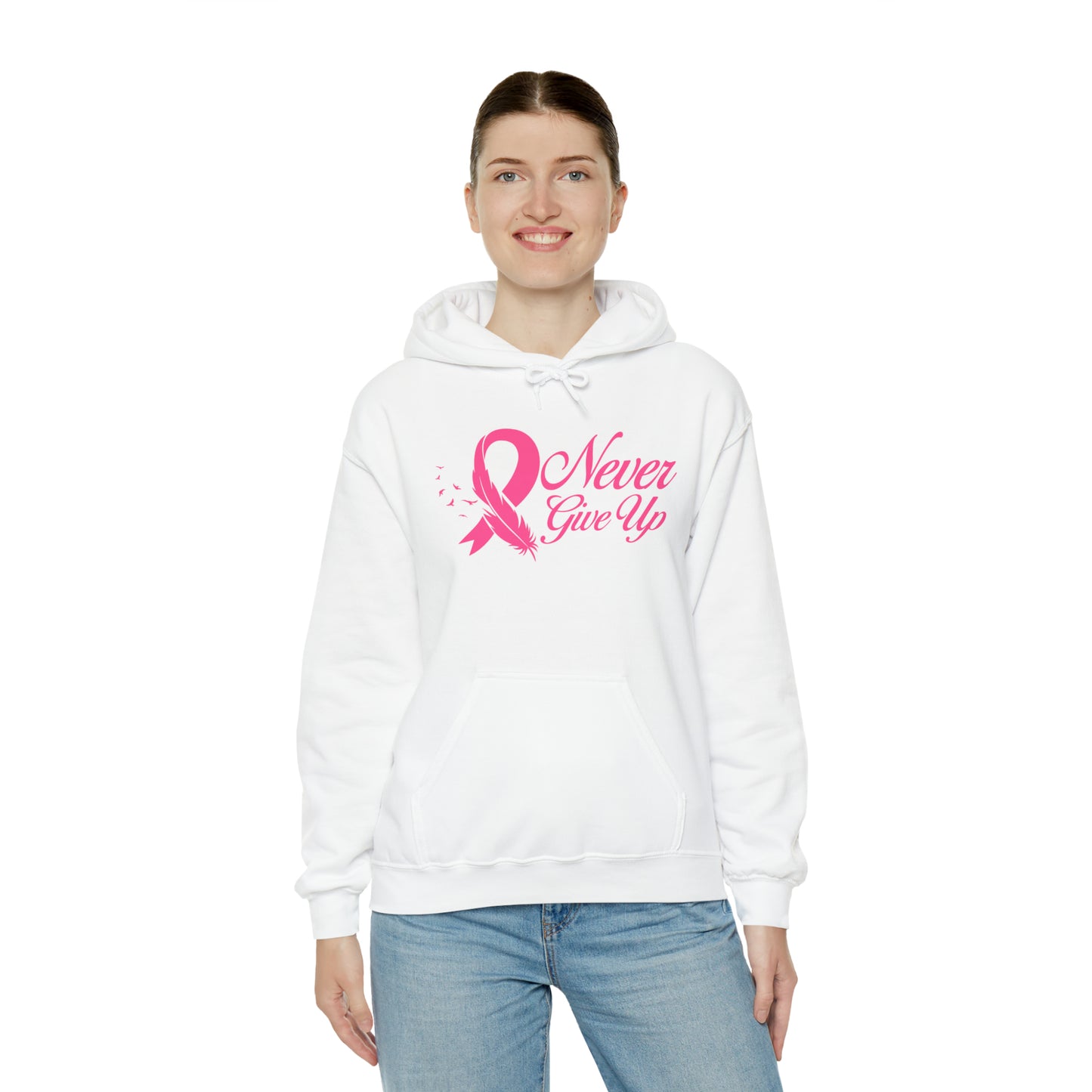 Never Give Up Breast Cancer Awareness Heavy Blend™ Hooded Sweatshirt
