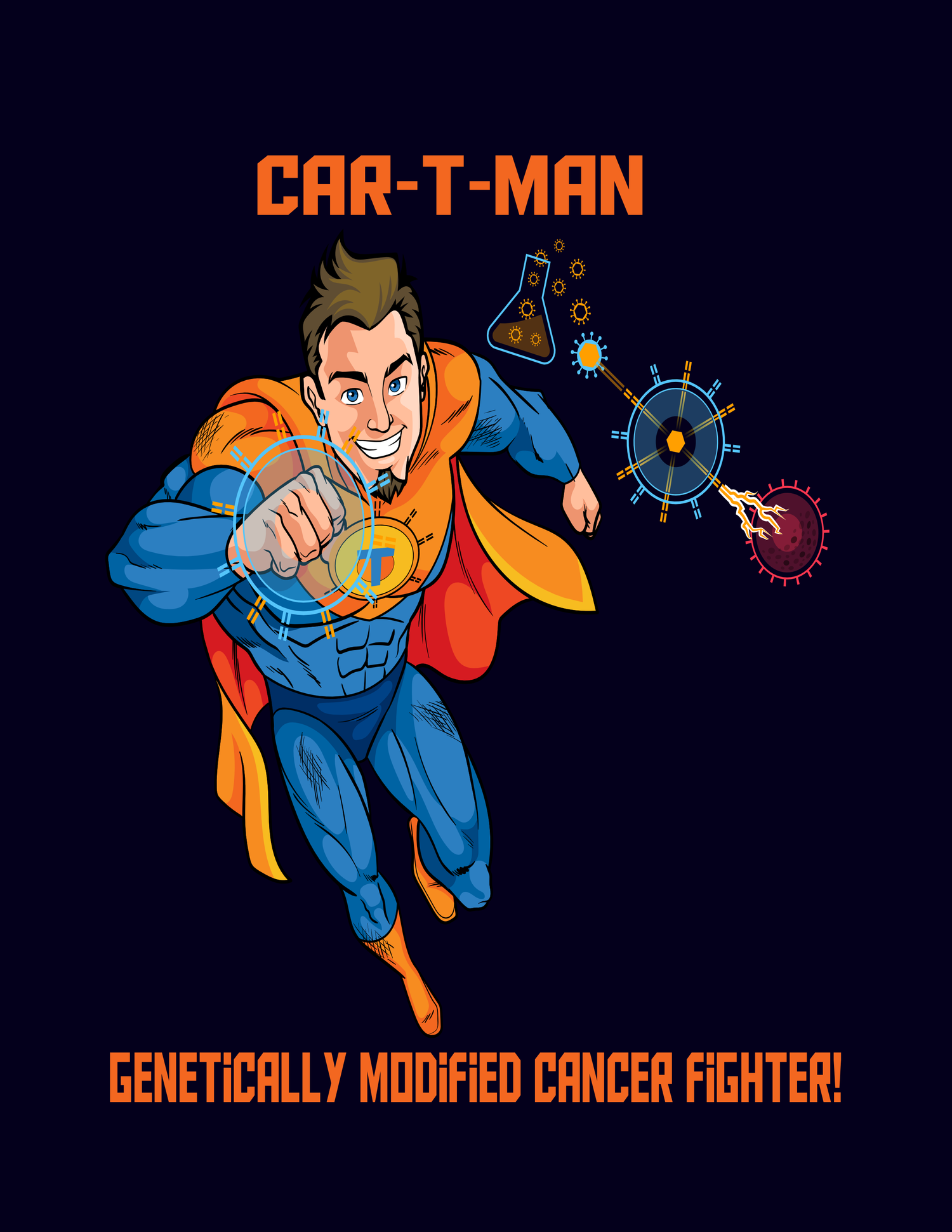 superhero cancer fighter with beaker and CAR T cells beating cancer powering him flying thru the air