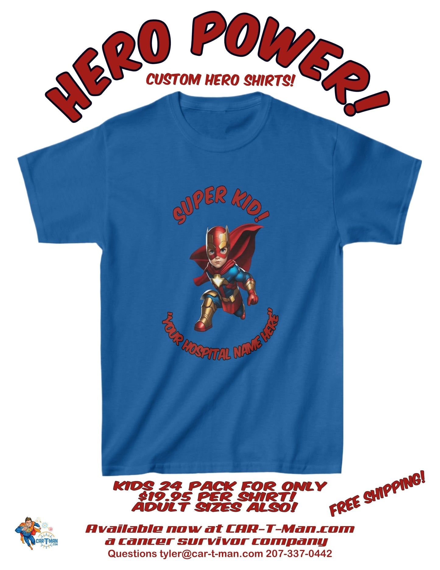 12 Pack Custom Hero Tee Shirt for Hospitals! Kids Size Large Blue $239.90