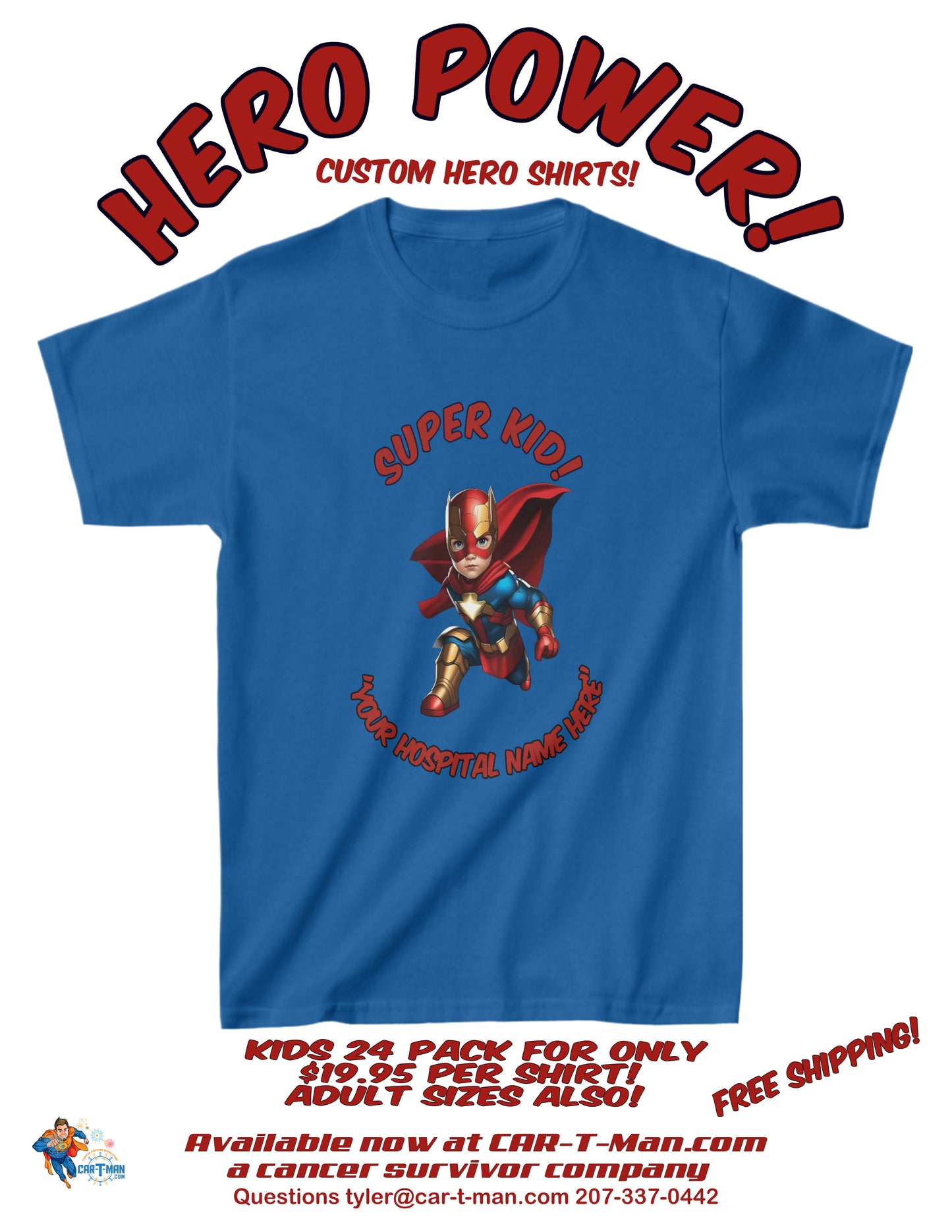 24 Pack Custom Hero Tee Shirt for Hospitals! Kids XL Blue $478.90